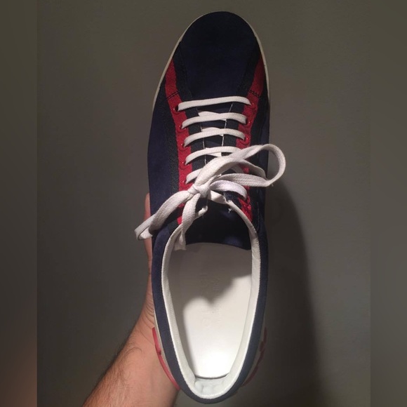 Gucci Blue Suede Script Logo Lace Up Low Sneakers Shoes size 8.5 - Picture 8 of 16